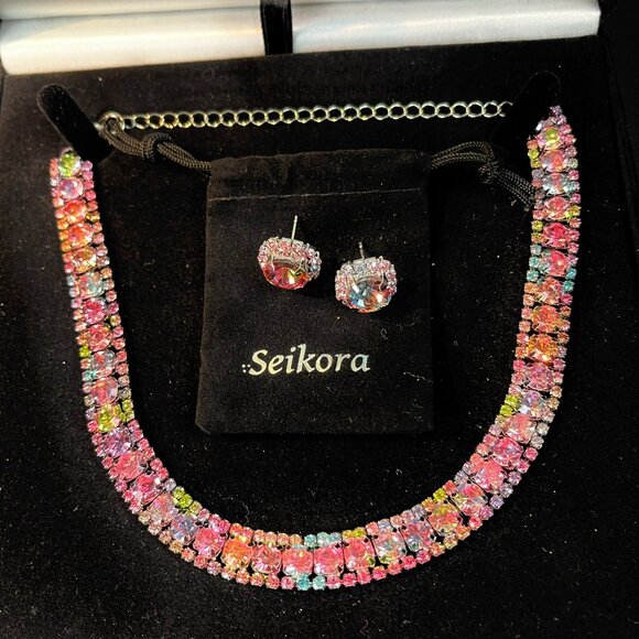 Choker Necklace Earrings Jewelry Set Zirconia Spark Multi color with Gift Box - Picture 1 of 7